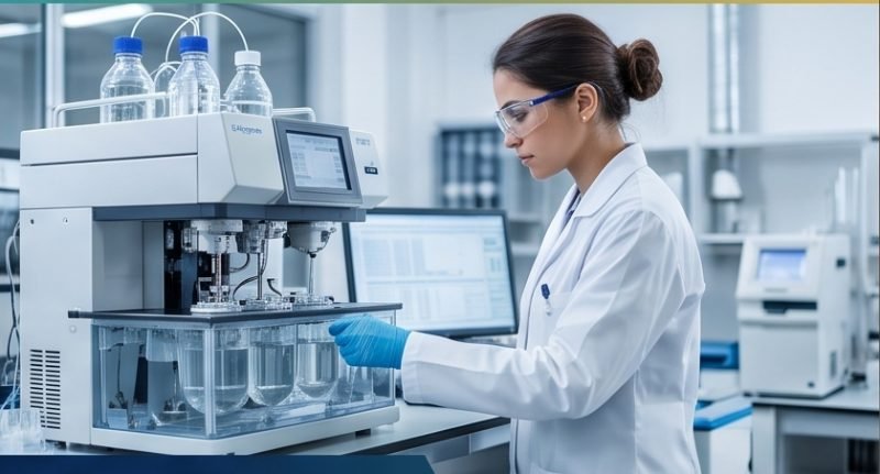 Research scholar operating a dissolution apparatus
